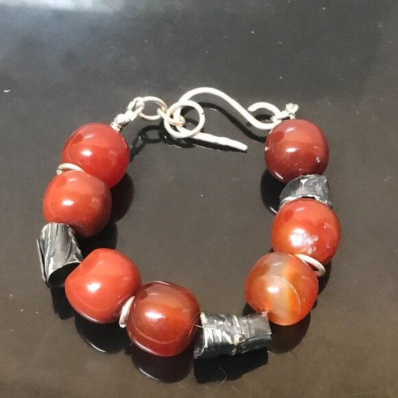 Barrel Carnelian Chunky Bracelet Sterling Silver Tribal Rustic Primitive 925 - Picture 2 of 6